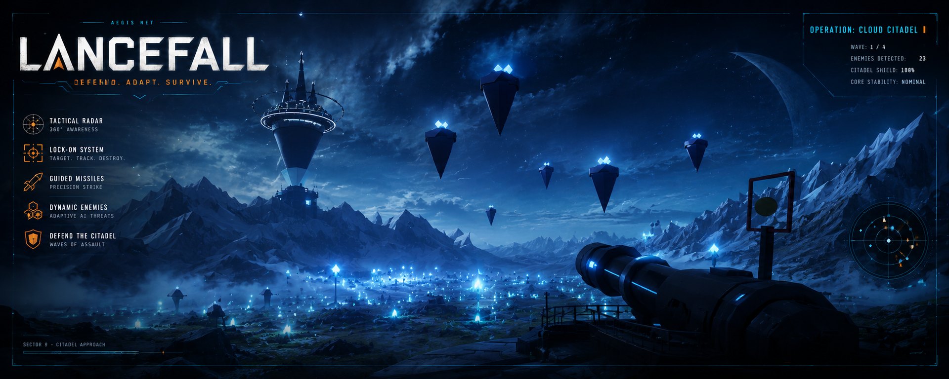 The Spire on the horizon as hostile drones descend over the cloud ocean