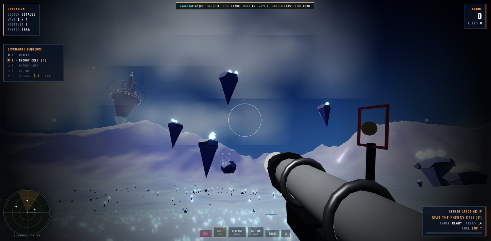 First-person view from the Guardian turret: discharge sequence panel, tactical scanner, drifting isles and hostile drones